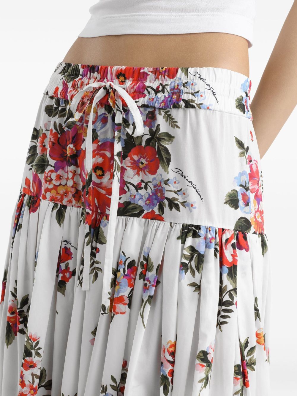 Dolce &amp; Gabbana Floral Print Long Cotton Skirt White