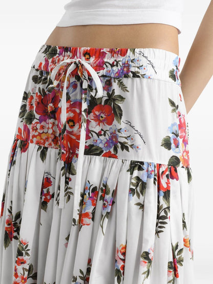 Dolce &amp; Gabbana Floral Print Long Cotton Skirt White