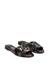 Dolce & Gabbana Floral Leather Flat Sandals Black