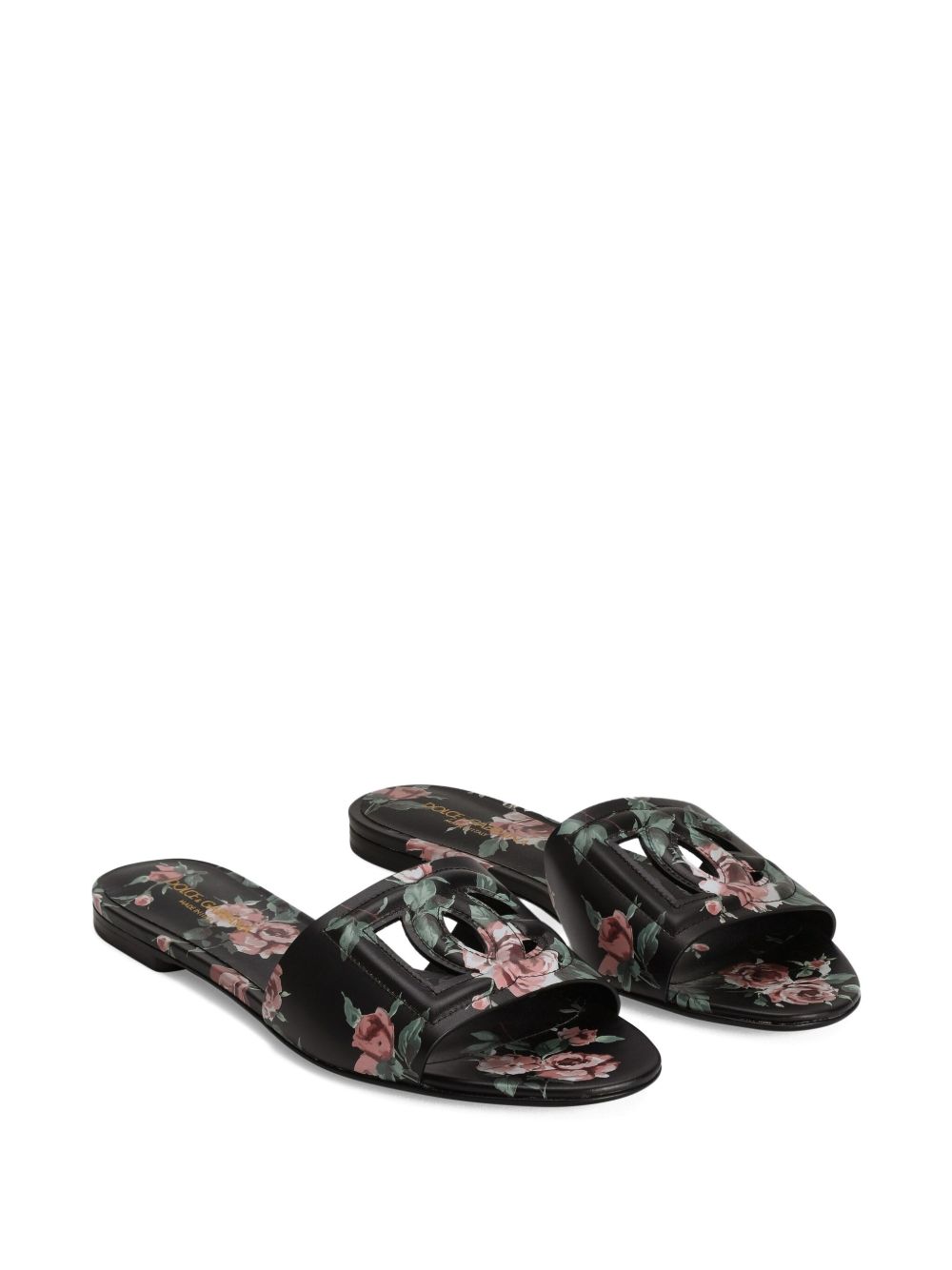 Dolce &amp; Gabbana Floral Leather Flat Sandals Black