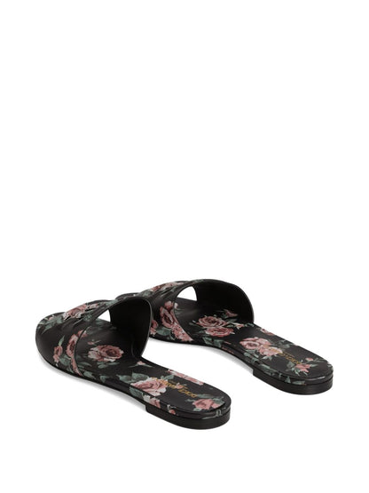 Dolce &amp; Gabbana Floral Leather Flat Sandals Black