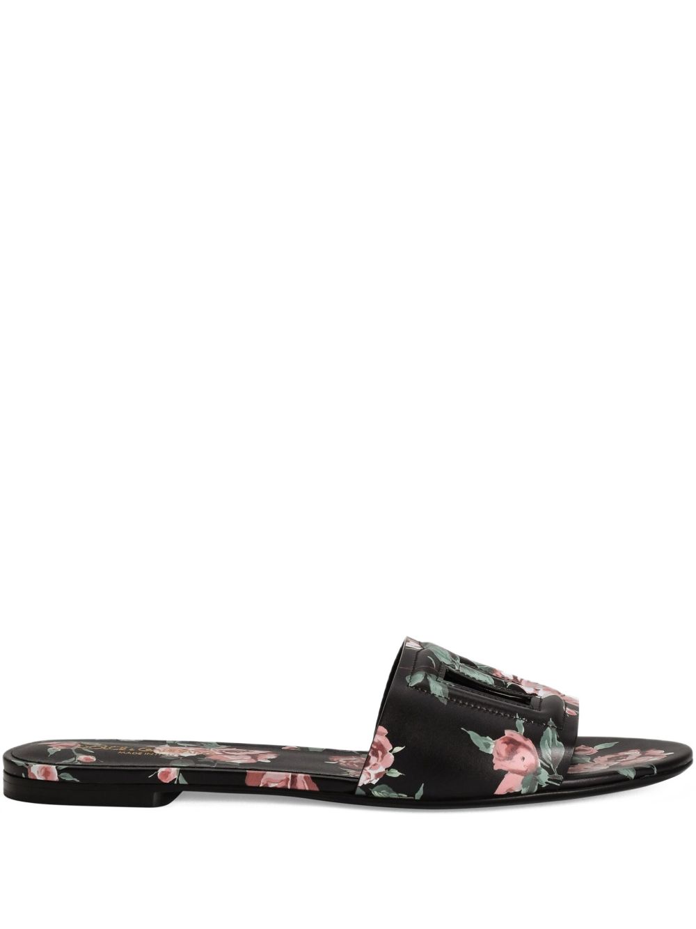 Dolce &amp; Gabbana Floral Leather Flat Sandals Black