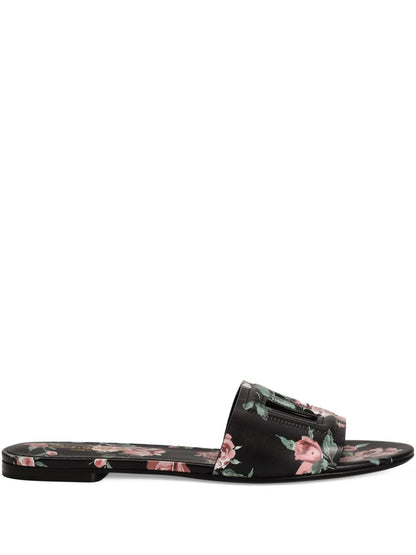 Dolce &amp; Gabbana Floral Leather Flat Sandals Black