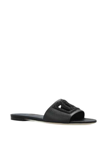 Dolce &amp; Gabbana DG Logo Leather Flat Sandals Black