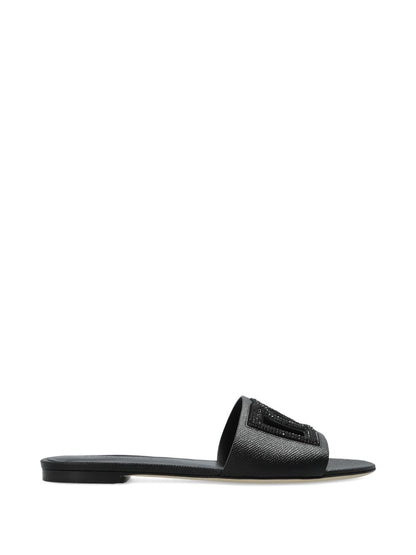 Dolce &amp; Gabbana DG Logo Leather Flat Sandals Black