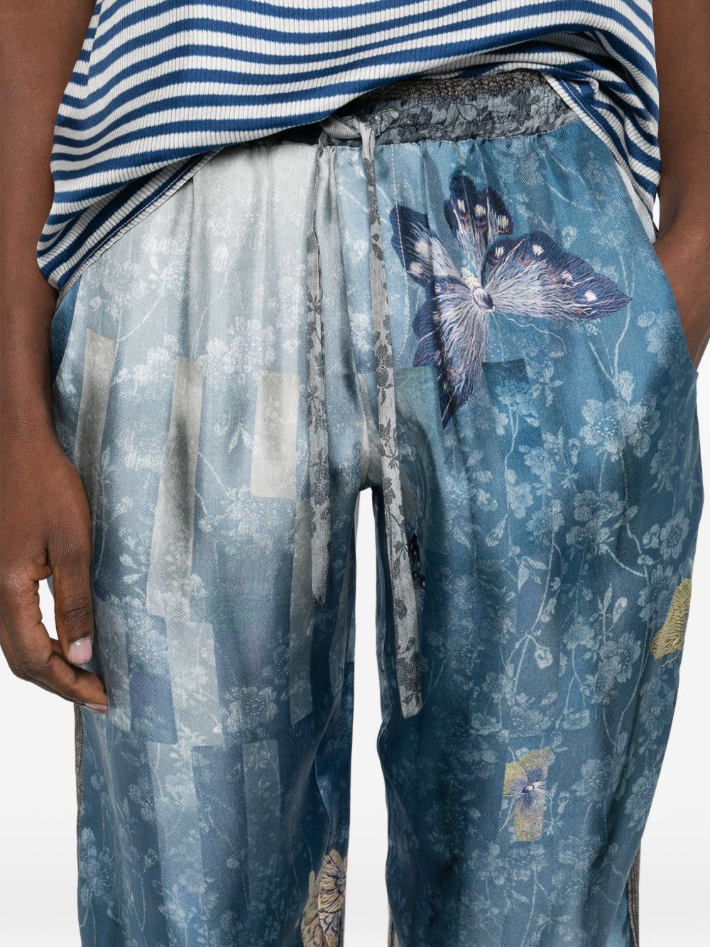 Pierre Louis Mascia Butterfly Floral Silk Trousers Clear Blue