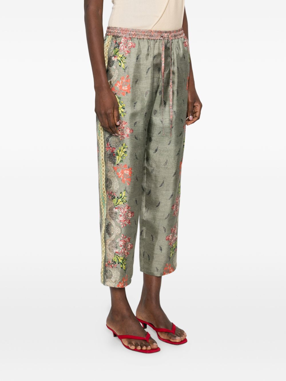 Pierre Louis Mascia Floral Silk Cropped Trousers Khaki