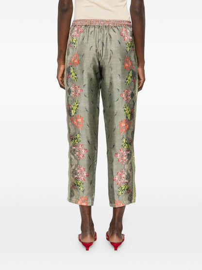 Pierre Louis Mascia Floral Silk Cropped Trousers Khaki