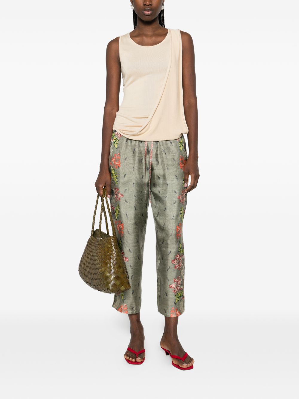 Pierre Louis Mascia Floral Silk Cropped Trousers Khaki
