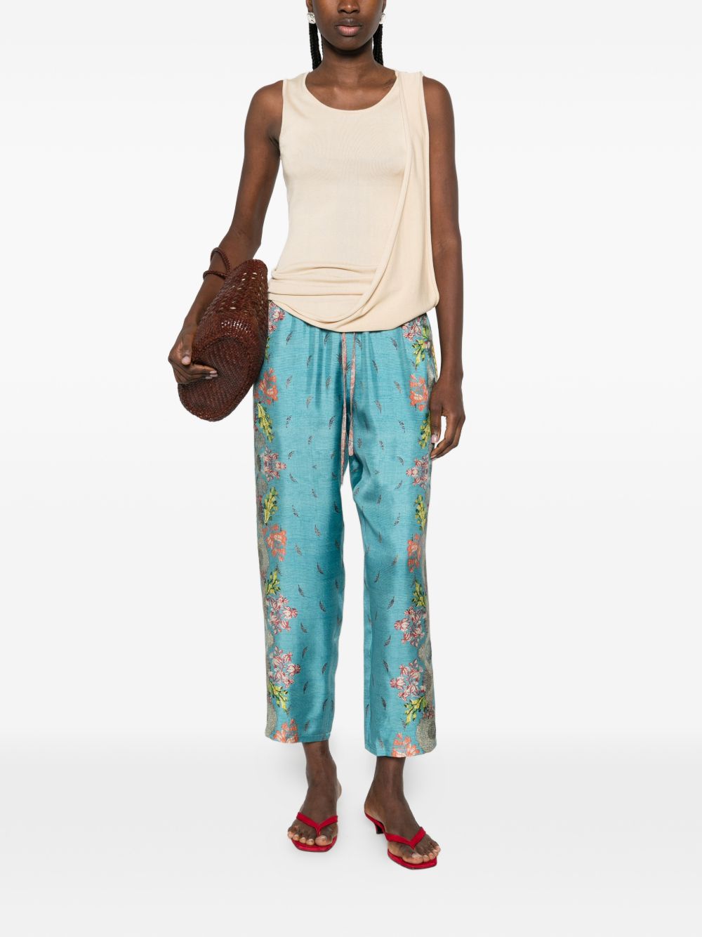 Pierre Louis Mascia Floral Silk Drawstring Trousers Clear Blue