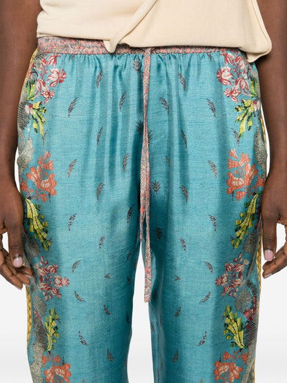 Pierre Louis Mascia Floral Silk Drawstring Trousers Clear Blue