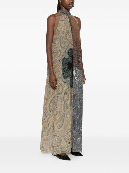 Pierre Louis Mascia Paisley Silk Sleeveless Dress Khaki