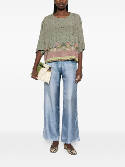 Pierre Louis Mascia Floral Silk Wide-Leg Trousers Clear Blue