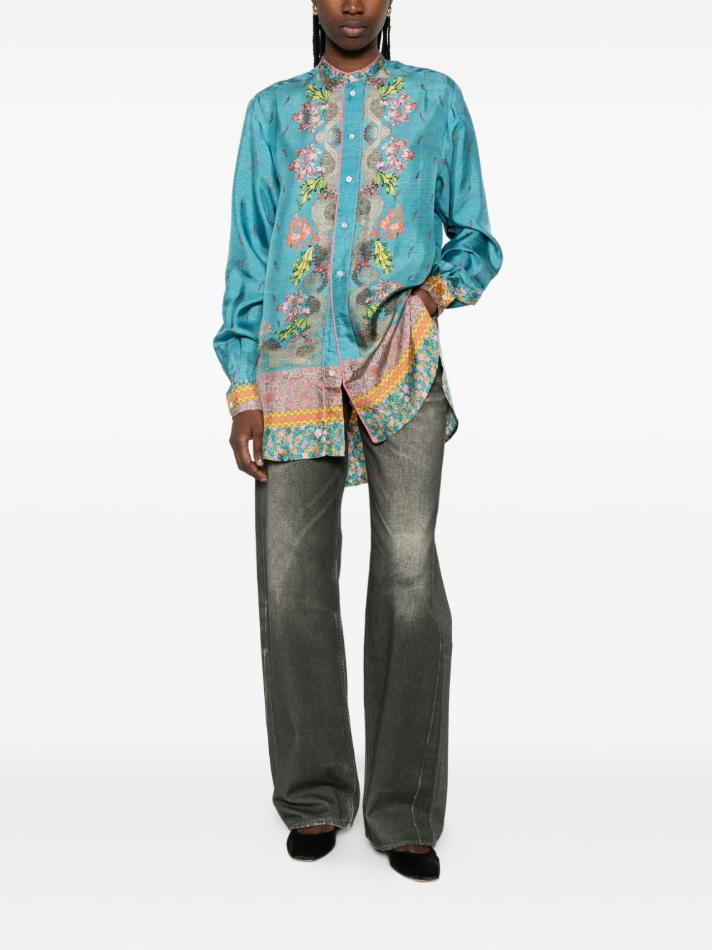 Pierre Louis Mascia Floral Silk Band Collar Shirt Clear Blue