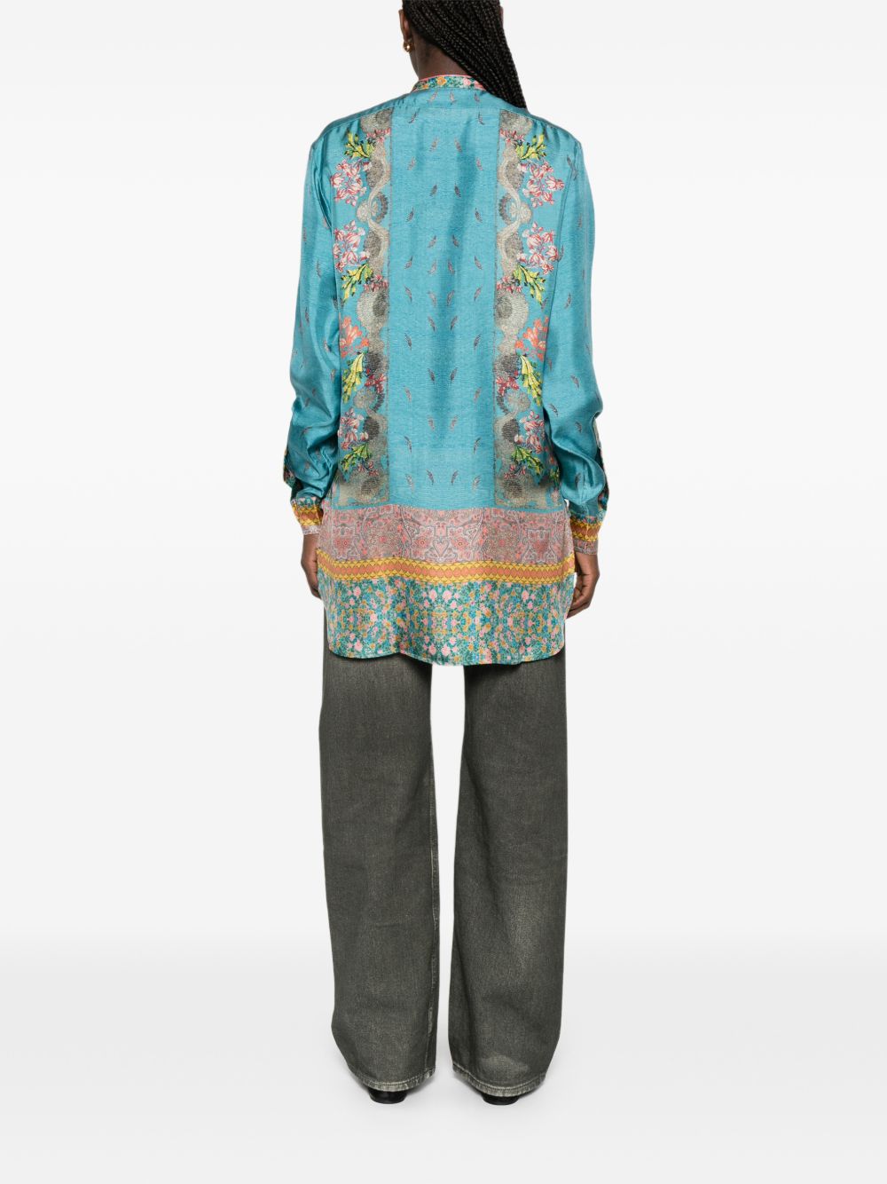 Pierre Louis Mascia Floral Silk Band Collar Shirt Clear Blue