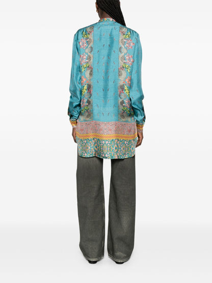 Pierre Louis Mascia Floral Silk Band Collar Shirt Clear Blue