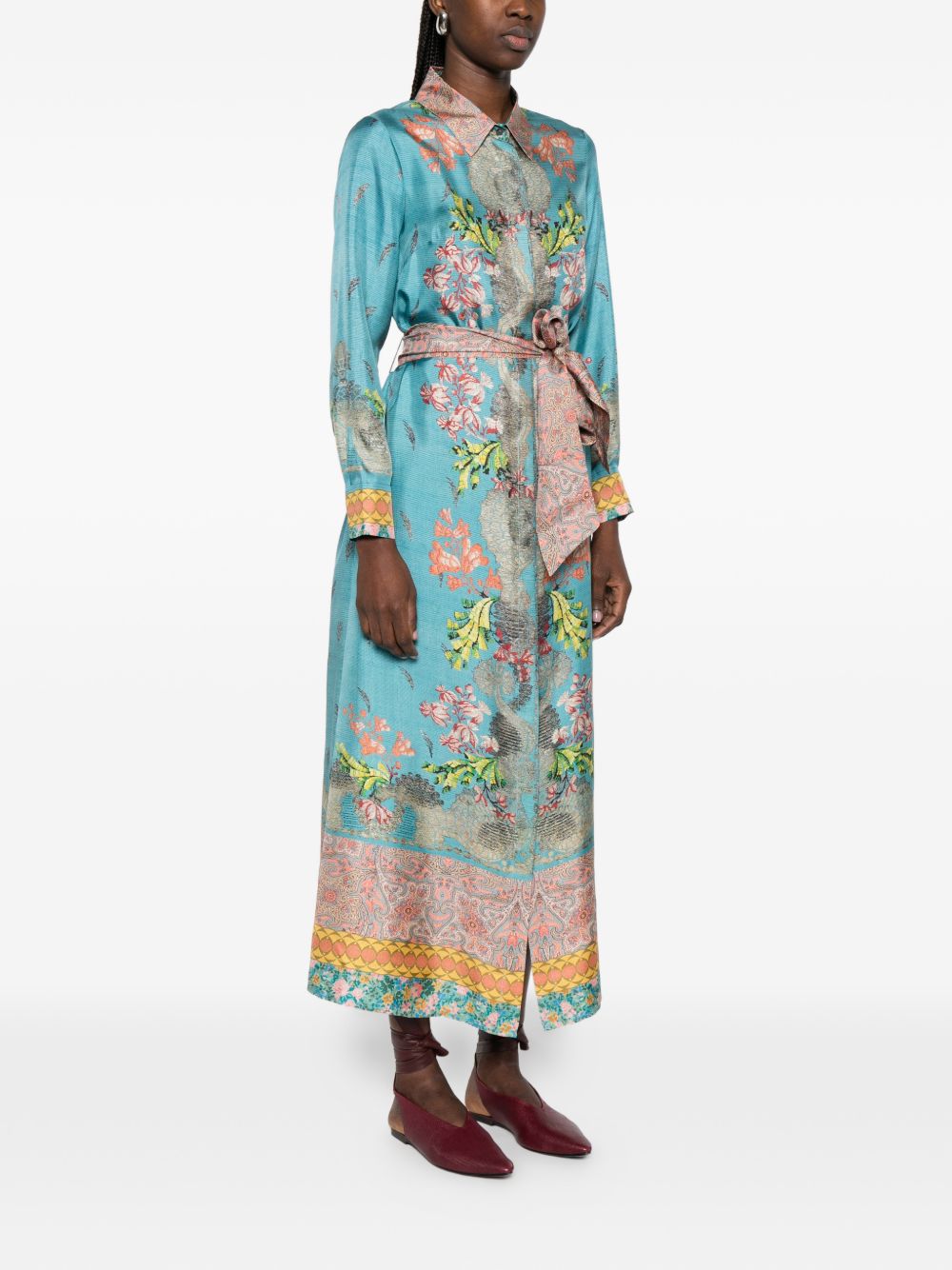 Pierre Louis Mascia Floral Silk Belted Dress Clear Blue