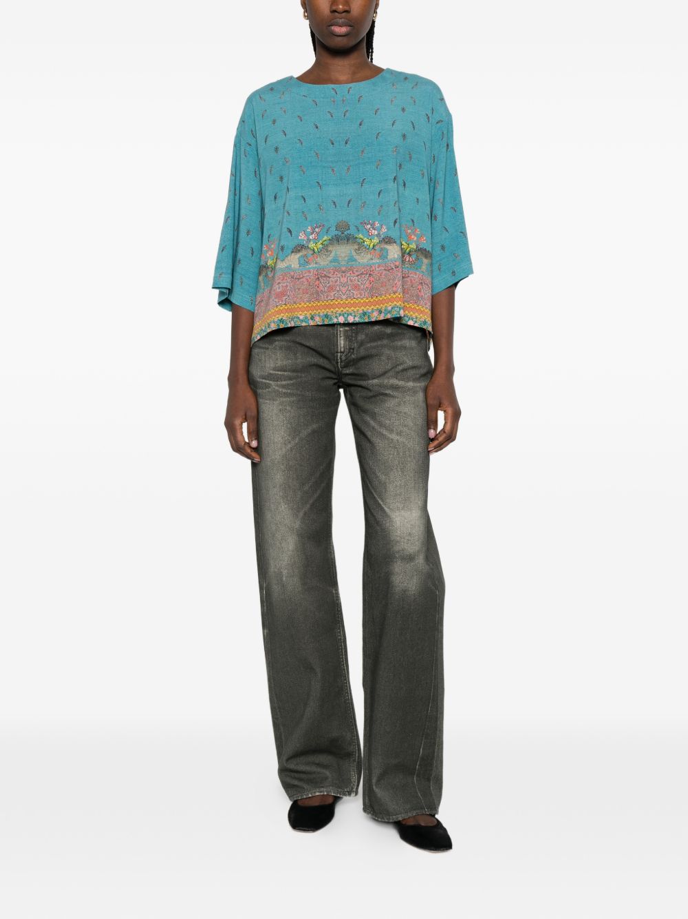 Pierre Louis Mascia Cropped Silk Floral Blouse Clear Blue