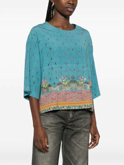 Pierre Louis Mascia Cropped Silk Floral Blouse Clear Blue