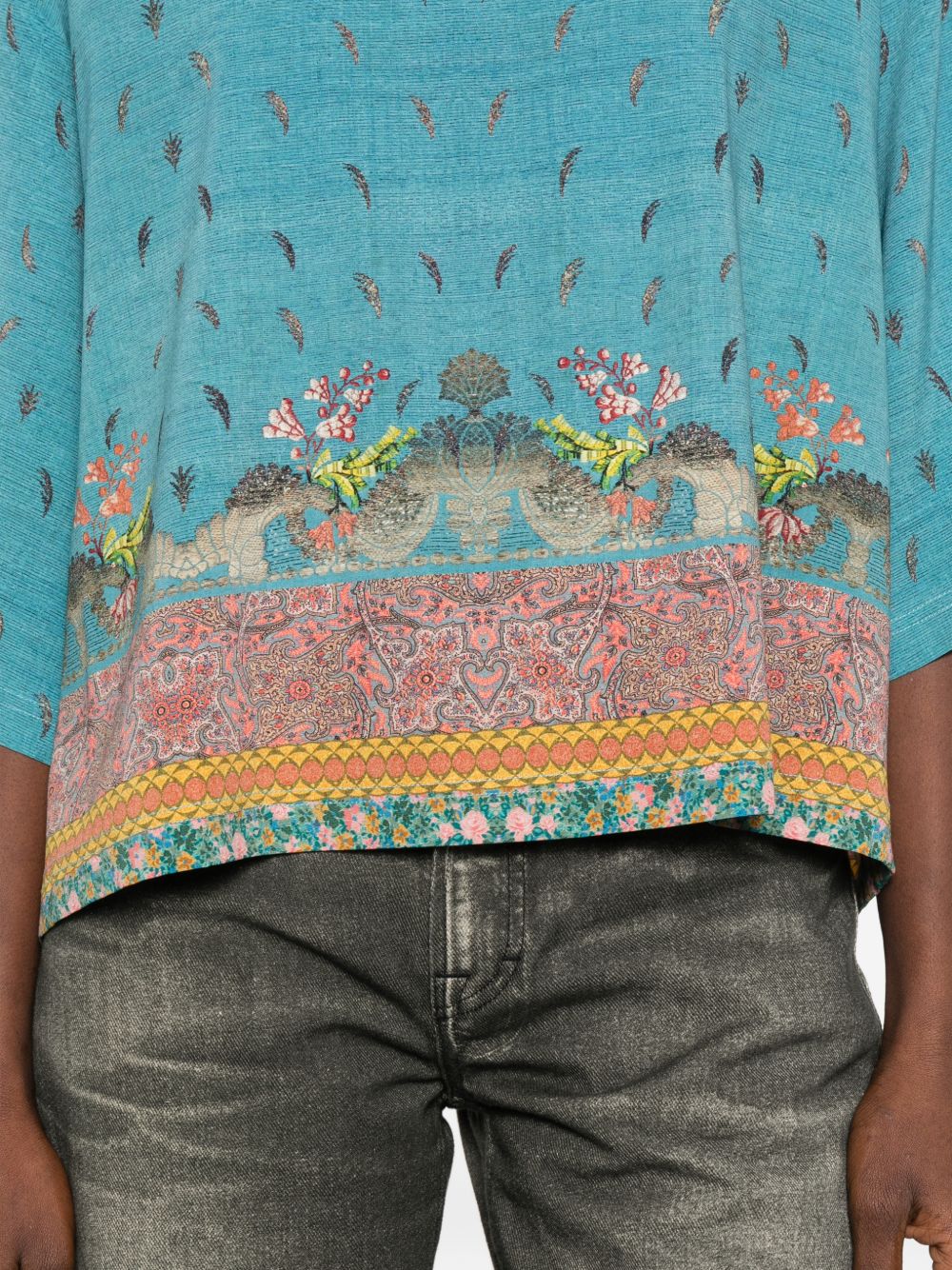 Pierre Louis Mascia Cropped Silk Floral Blouse Clear Blue