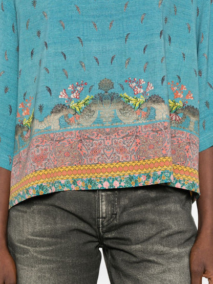 Pierre Louis Mascia Cropped Silk Floral Blouse Clear Blue