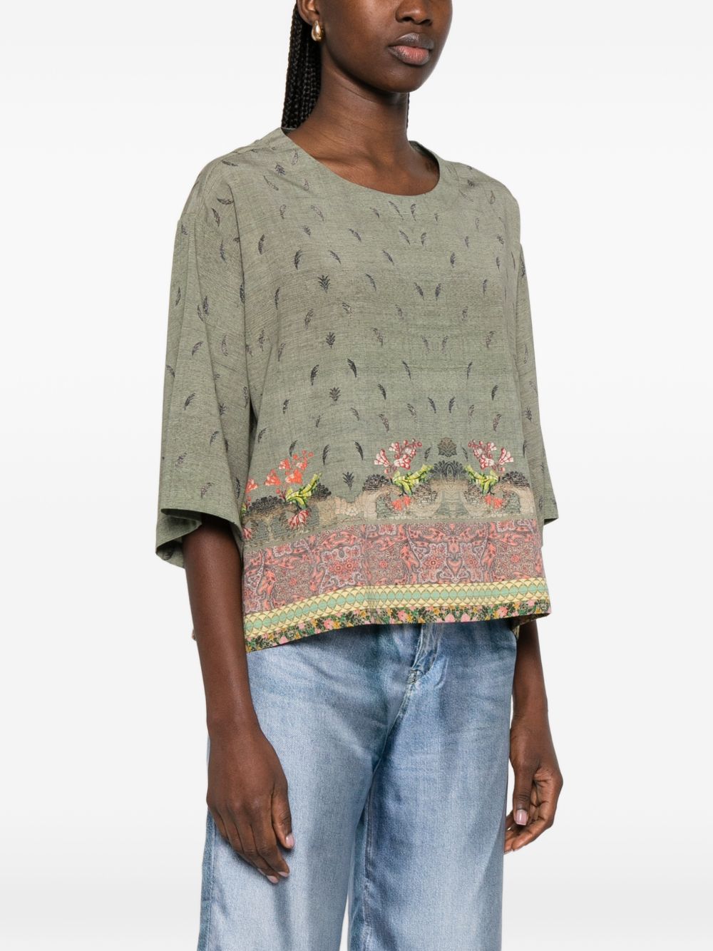 Pierre Louis Mascia Floral Print Silk Blouse Khaki