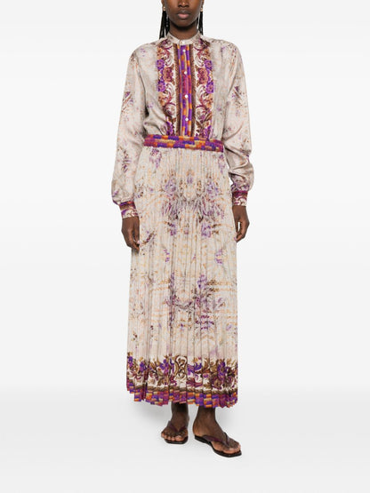 Pierre Louis Mascia Floral Pleated Silk Skirt Pink