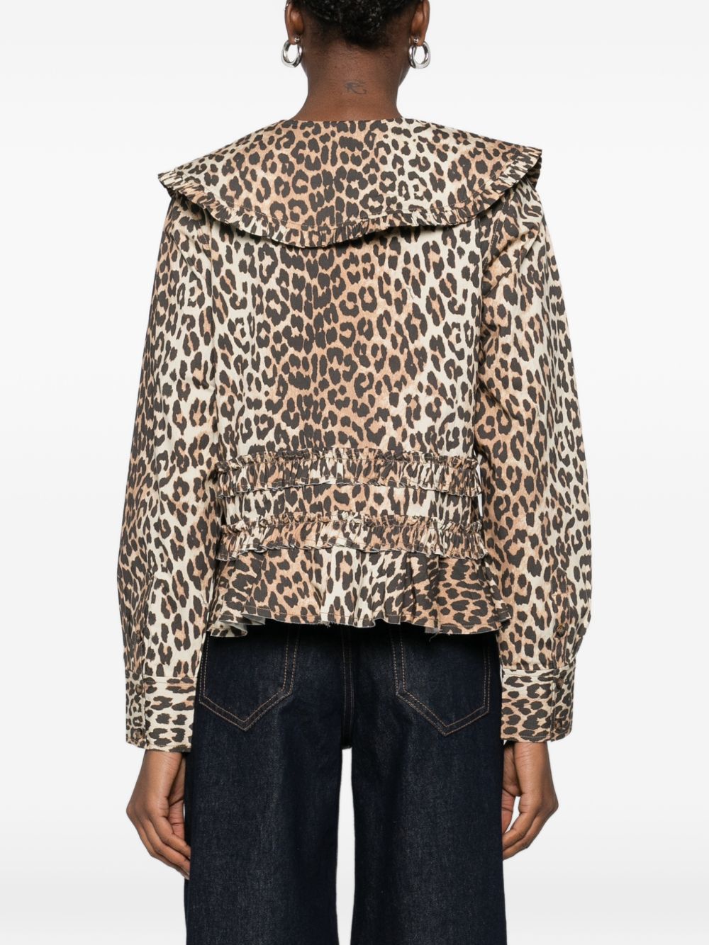 Ganni Leopard Print Ruffled Shirt Brown
