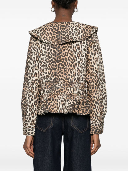 Ganni Leopard Print Ruffled Shirt Brown