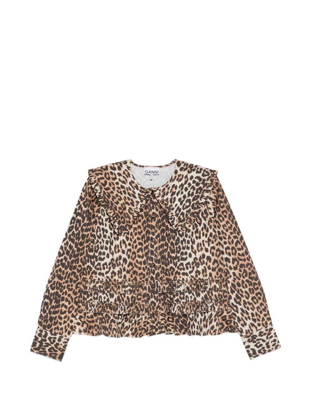 Ganni Leopard Print Ruffled Shirt Brown