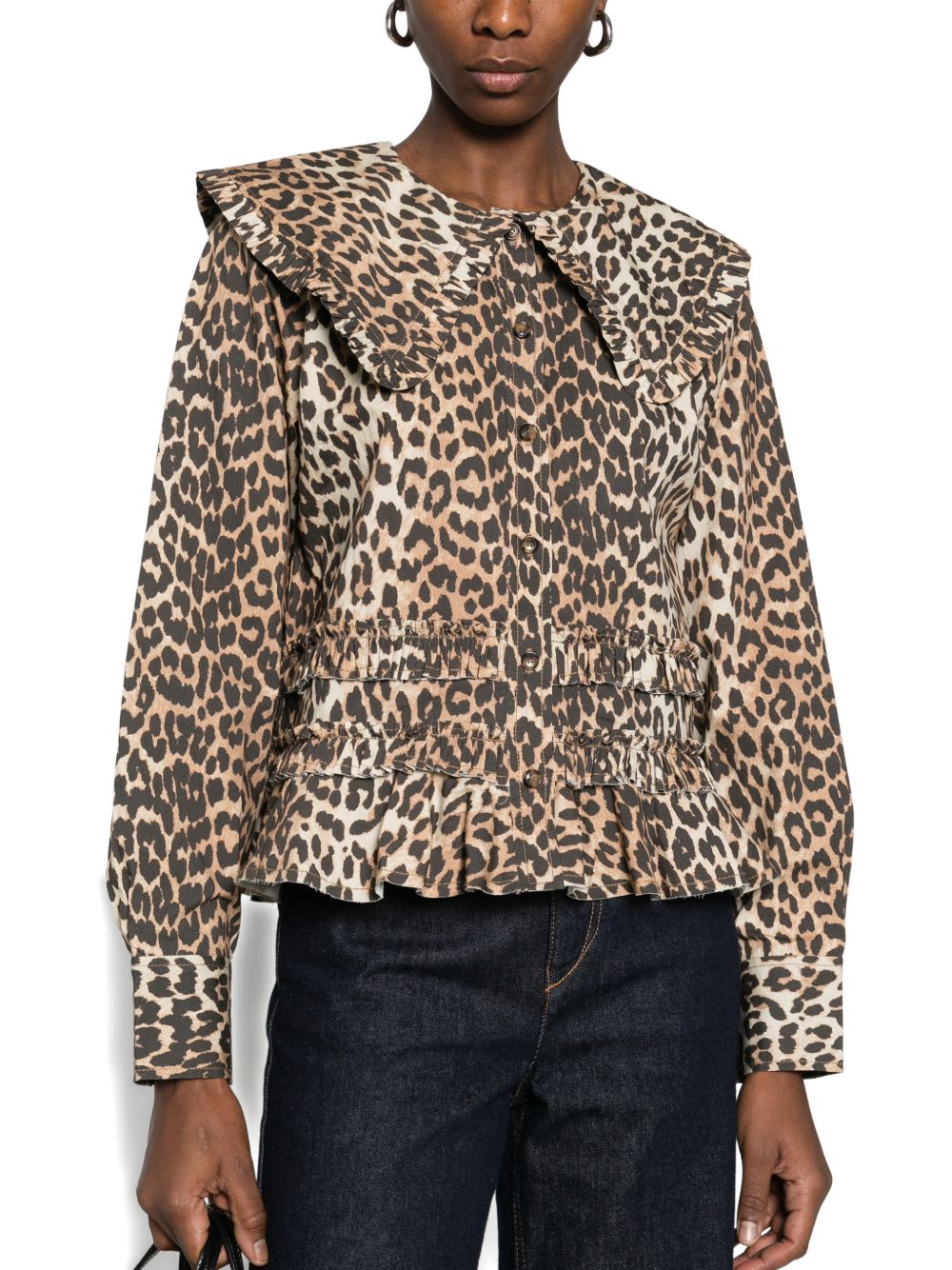 Ganni Leopard Print Ruffled Shirt Brown