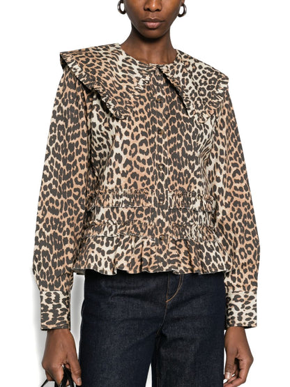 Ganni Leopard Print Ruffled Shirt Brown