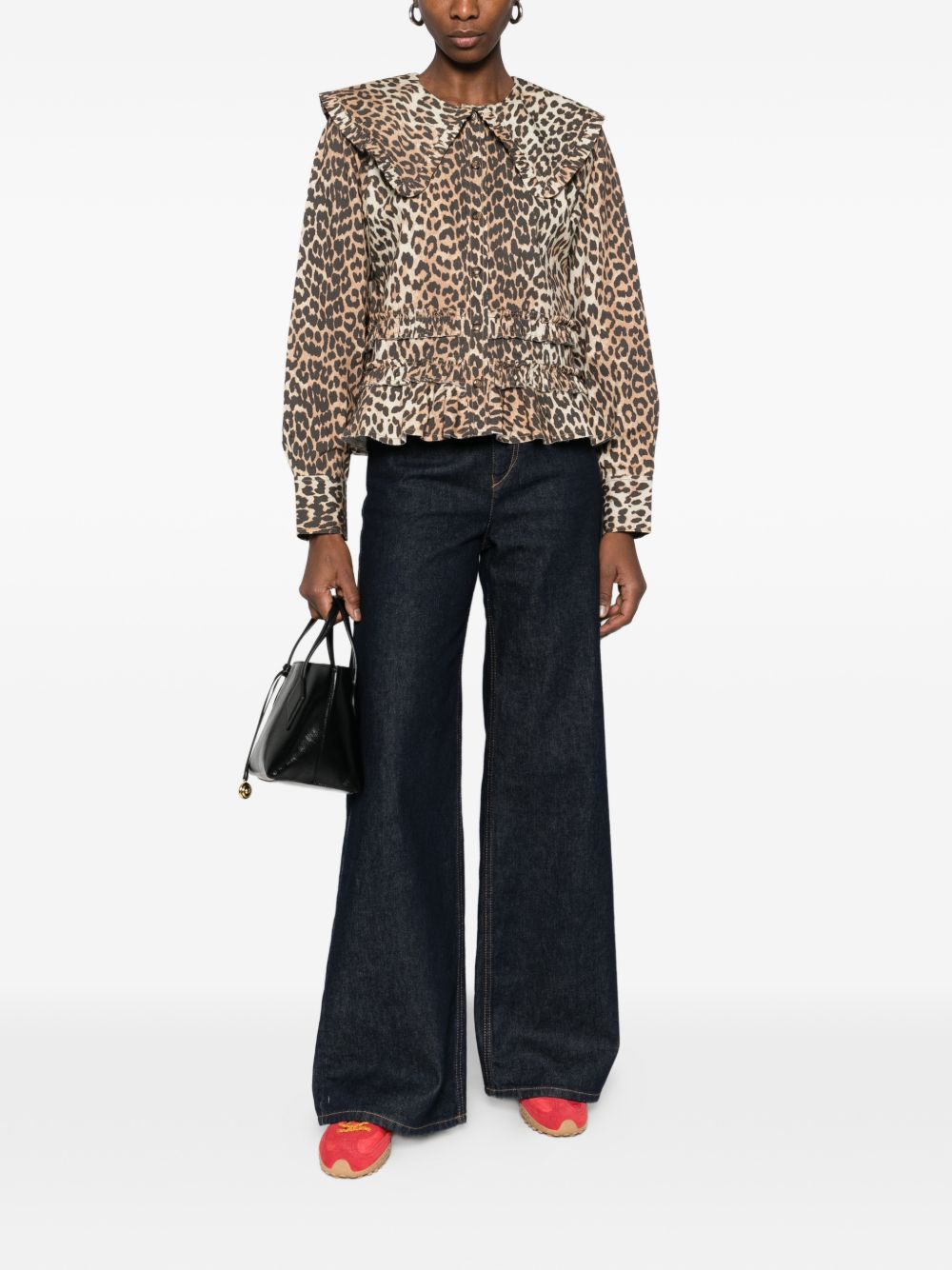 Ganni Leopard Print Ruffled Shirt Brown