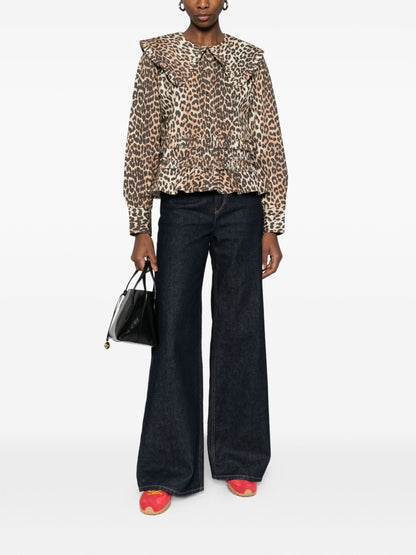 Ganni Leopard Print Ruffled Shirt Brown
