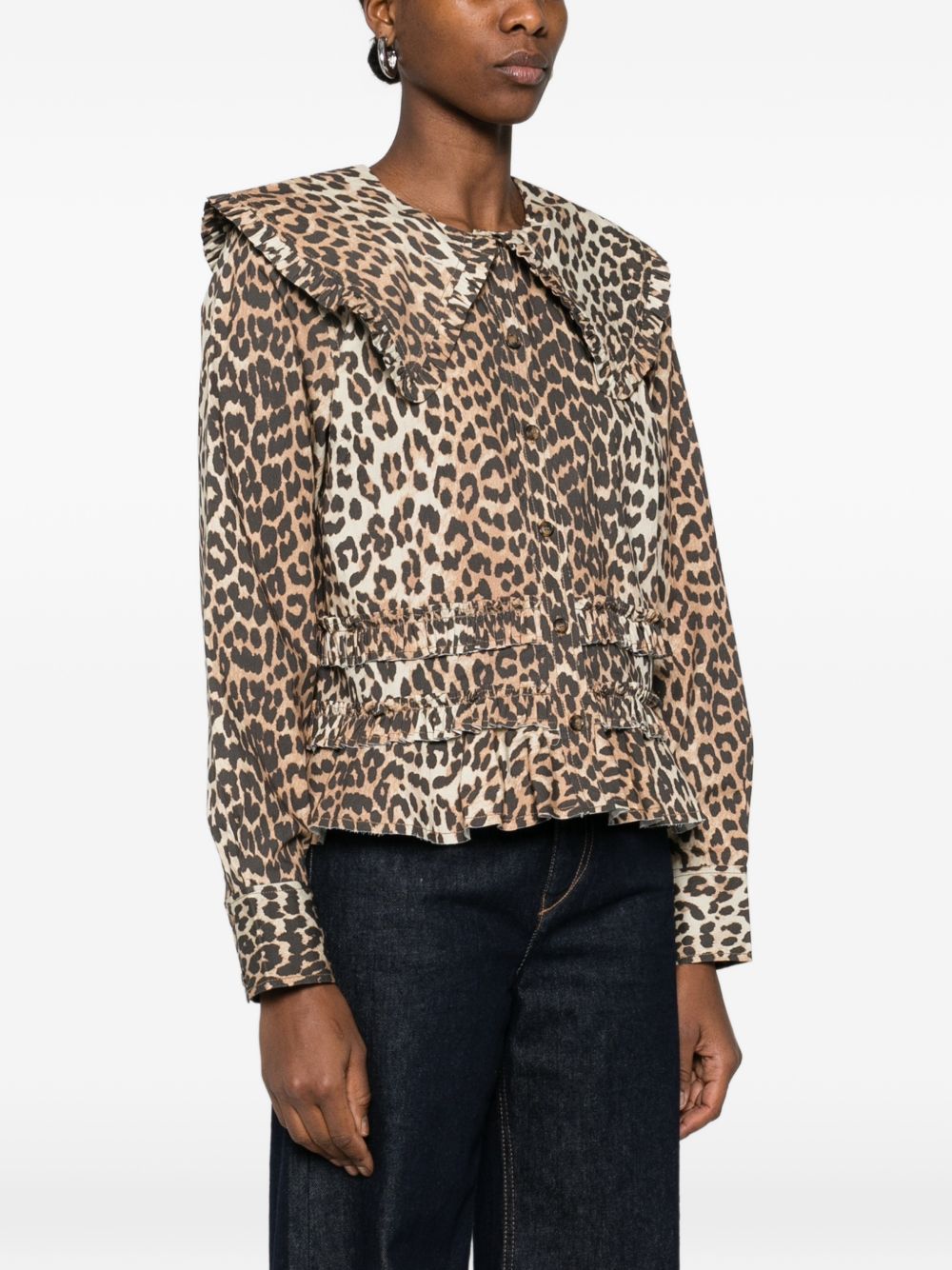 Ganni Leopard Print Ruffled Shirt Brown