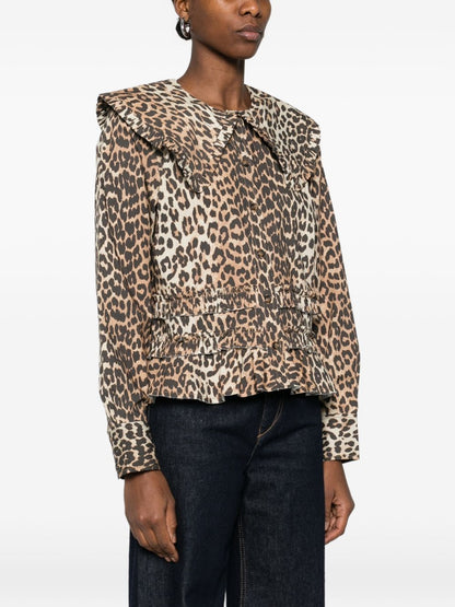 Ganni Leopard Print Ruffled Shirt Brown