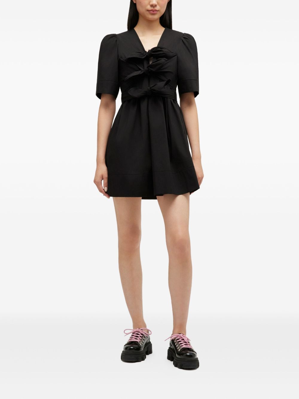 Ganni V-Neck Bow Mini Dress Black
