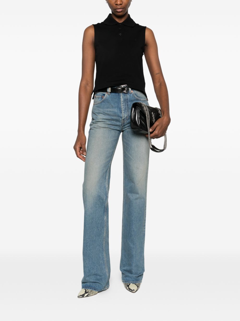 Saint Laurent Sleeveless Cotton Polo Shirt Black Black