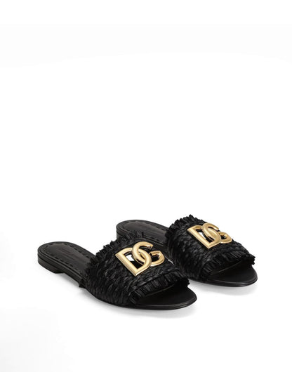 Dolce &amp; Gabbana Raffia Logo Flat Sandals Black