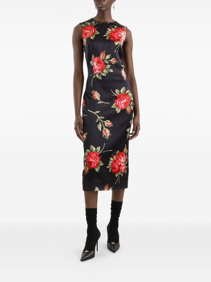 Dolce &amp; Gabbana Roses Print Midi Dress Black