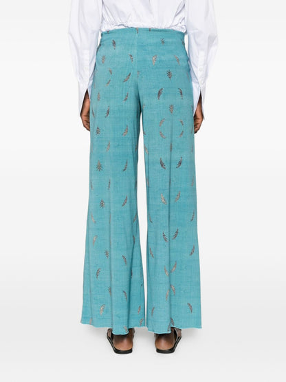 Pierre Louis Mascia Printed Silk Wide Trousers Clear Blue