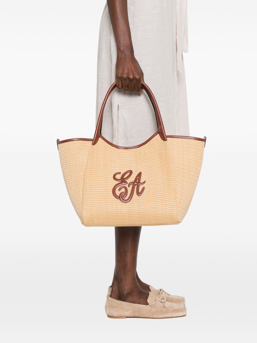 Emporio Armani Medium Straw Tote Leather Brown