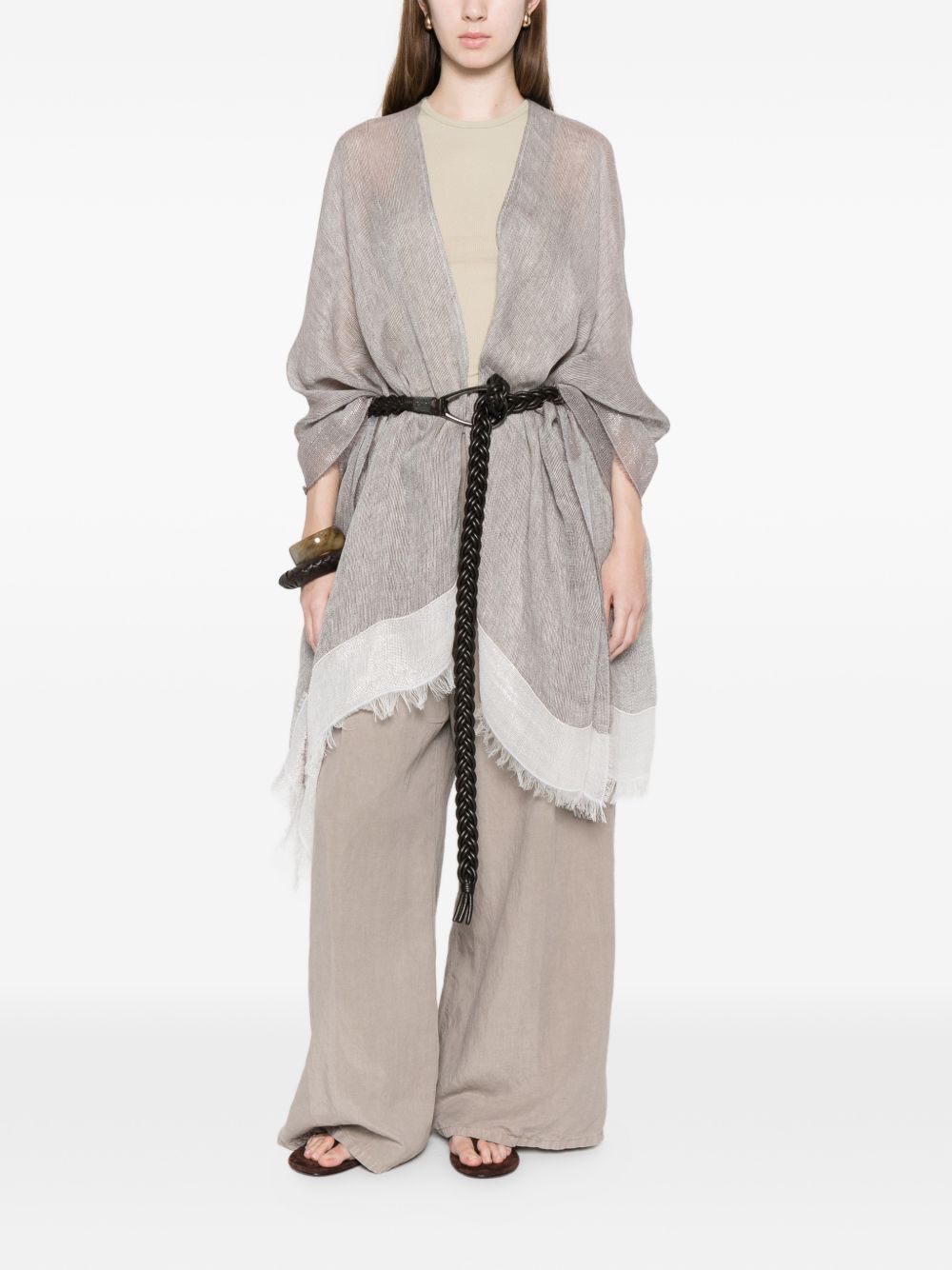 Fabiana Filippi Linen Fringed Poncho Light Grey