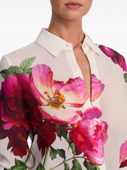 Alice + Olivia Floral Silk Buttoned Shirt White