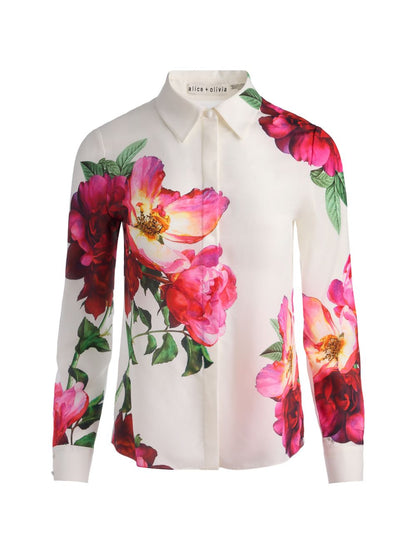 Alice + Olivia Floral Silk Buttoned Shirt White