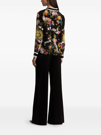 Alice + Olivia Floral Silk Printed Shirt Black