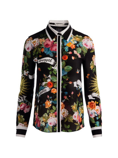 Alice + Olivia Floral Silk Printed Shirt Black