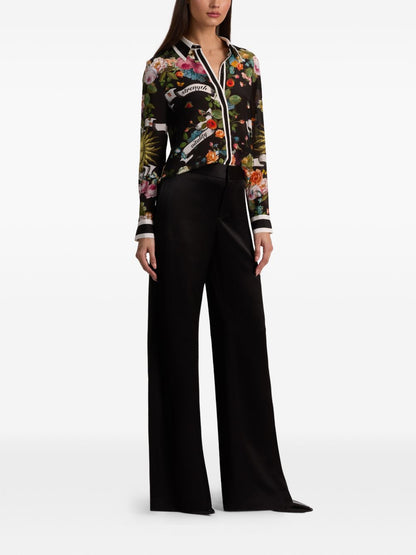 Alice + Olivia Floral Silk Printed Shirt Black
