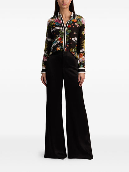 Alice + Olivia Floral Silk Printed Shirt Black