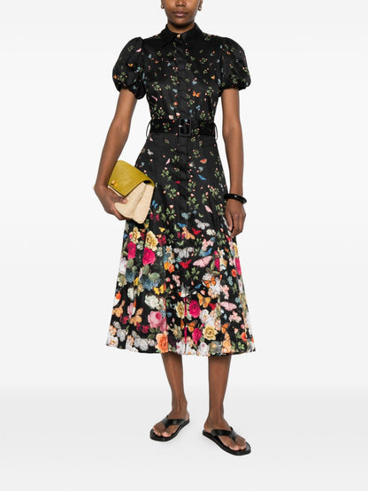 Alice + Olivia Floral Print Belted Midi Dress Black